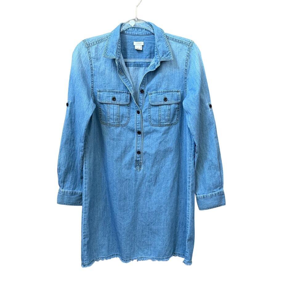 J. Crew Chambray Denim Dress Size 4 Raw Edge Hem Preppy Casual Minimalist